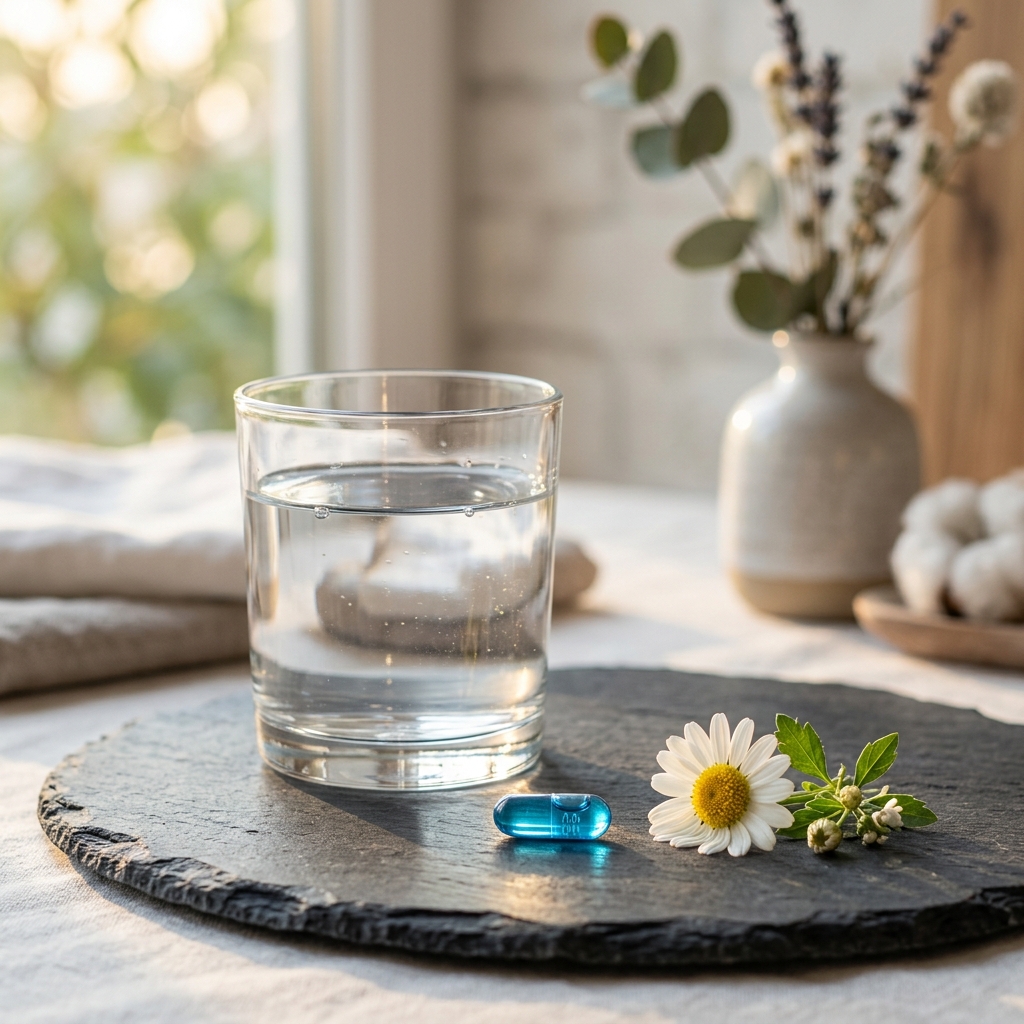 Serene wellness setting with a transparent blue capsule, calming chamomile flower, and water for anxiety relief