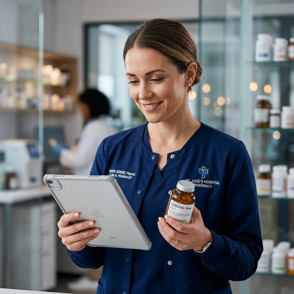 Professional European clinical pharmacist verifying FDA-approved medications on a secure tablet