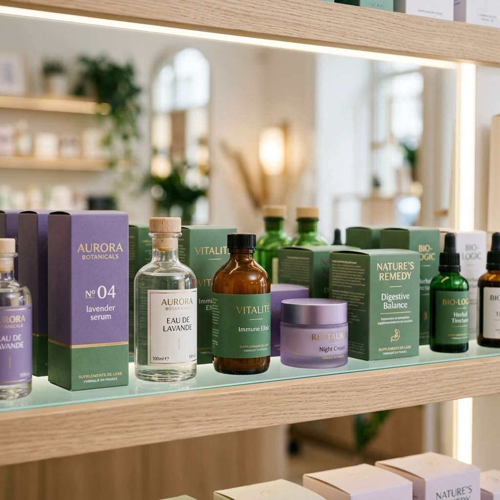 Sleek modern European pharmacy shelves with clean glass medicine bottles